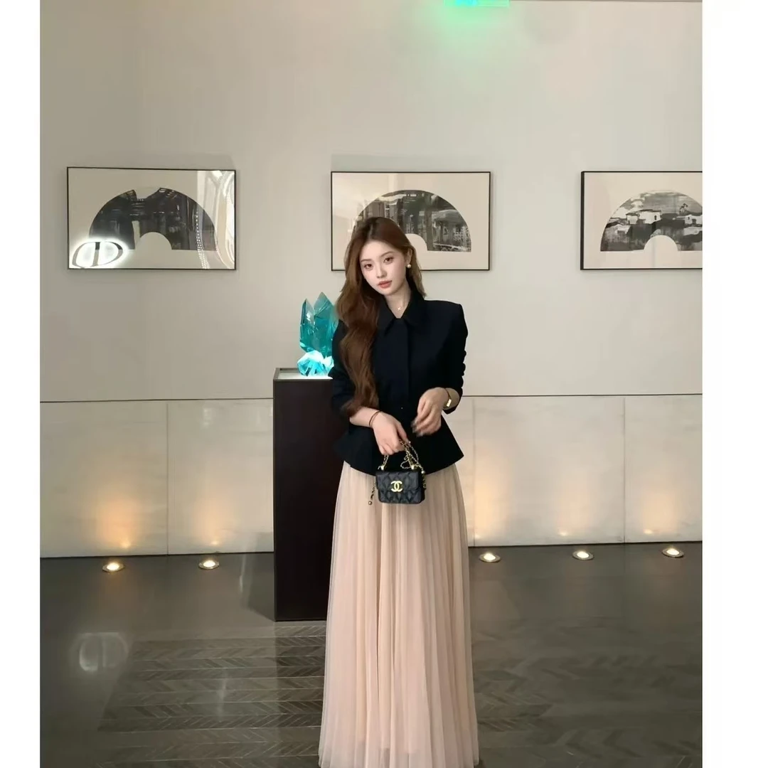 2025韩系高级感气质收腰显瘦西装外套+网纱半裙