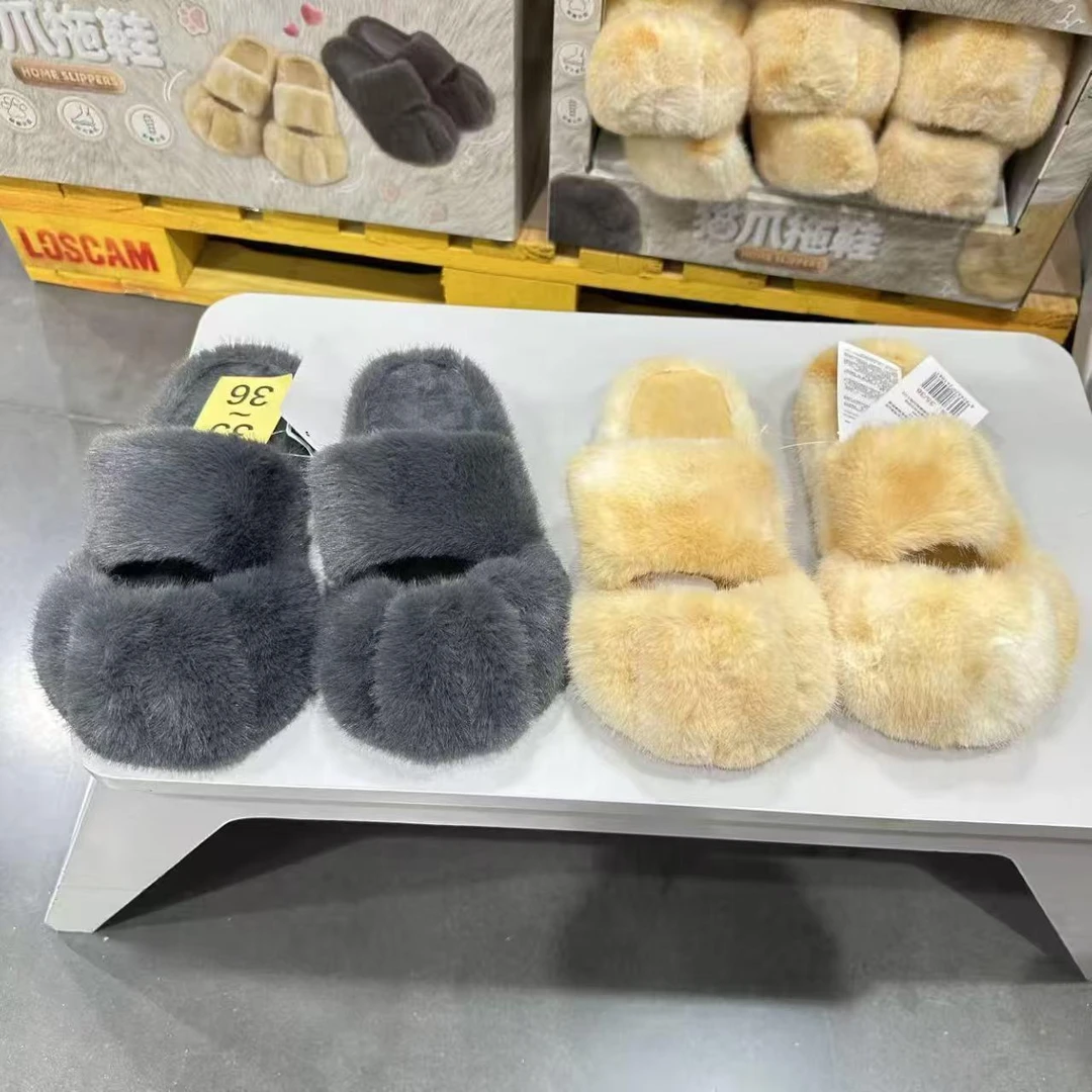 新款猫爪棉拖鞋毛绒松糕厚底拖鞋女外穿毛毛鞋黑白色女士居家百货