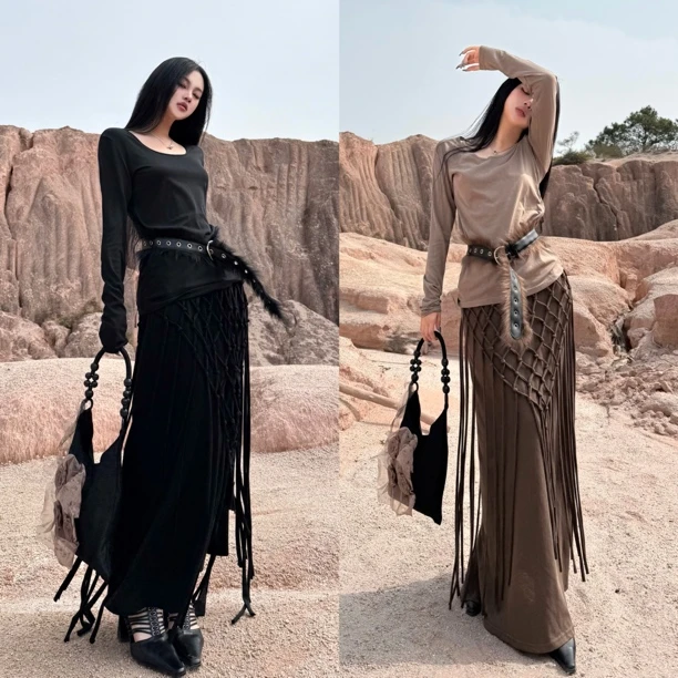 Blackgirl新款【敦煌美学】破败流浪沙丘废土风波西米亚编织流苏裙