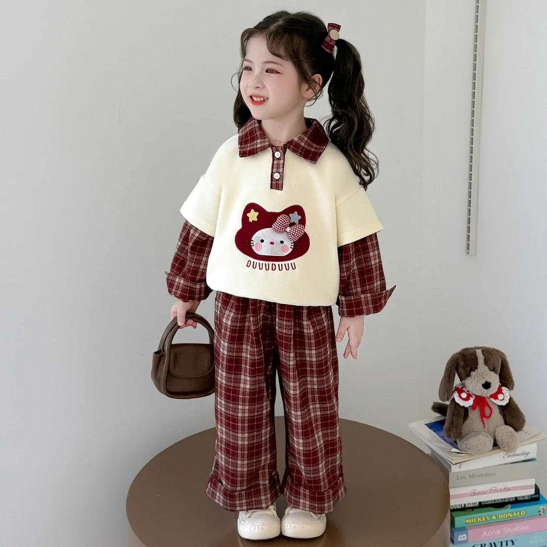 女童假两件格子套装洋气春秋款小女孩polo领卫衣套装儿童时髦秋装