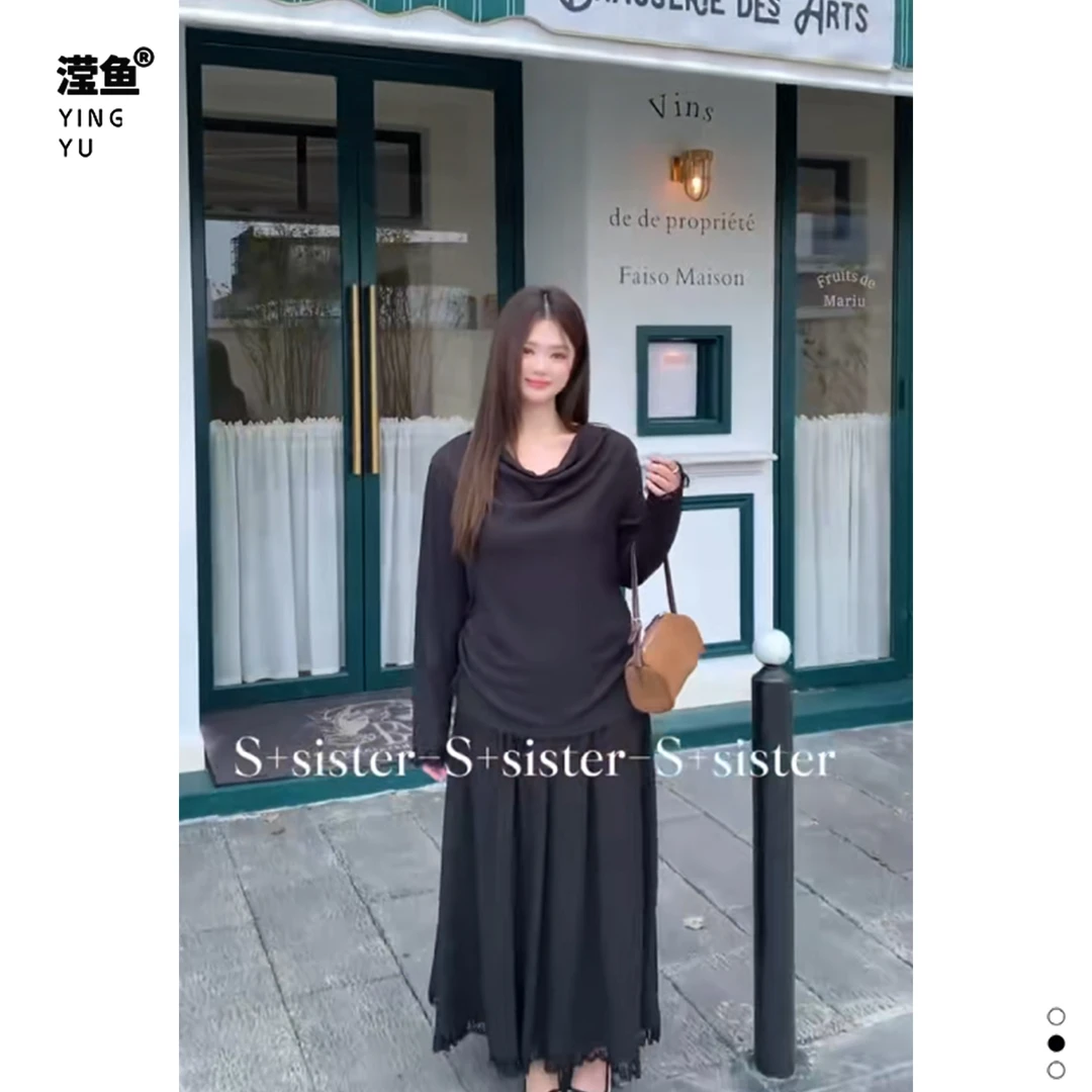 S+ W1139大码荡领上衣半身裙套装显瘦高级感时尚百搭气质两件套