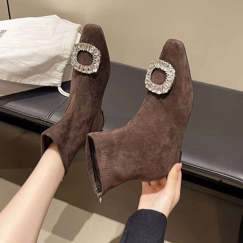 短靴秋冬女2025冬新款方扣水钻弹力袜靴子低跟粗跟绒面瘦瘦靴女