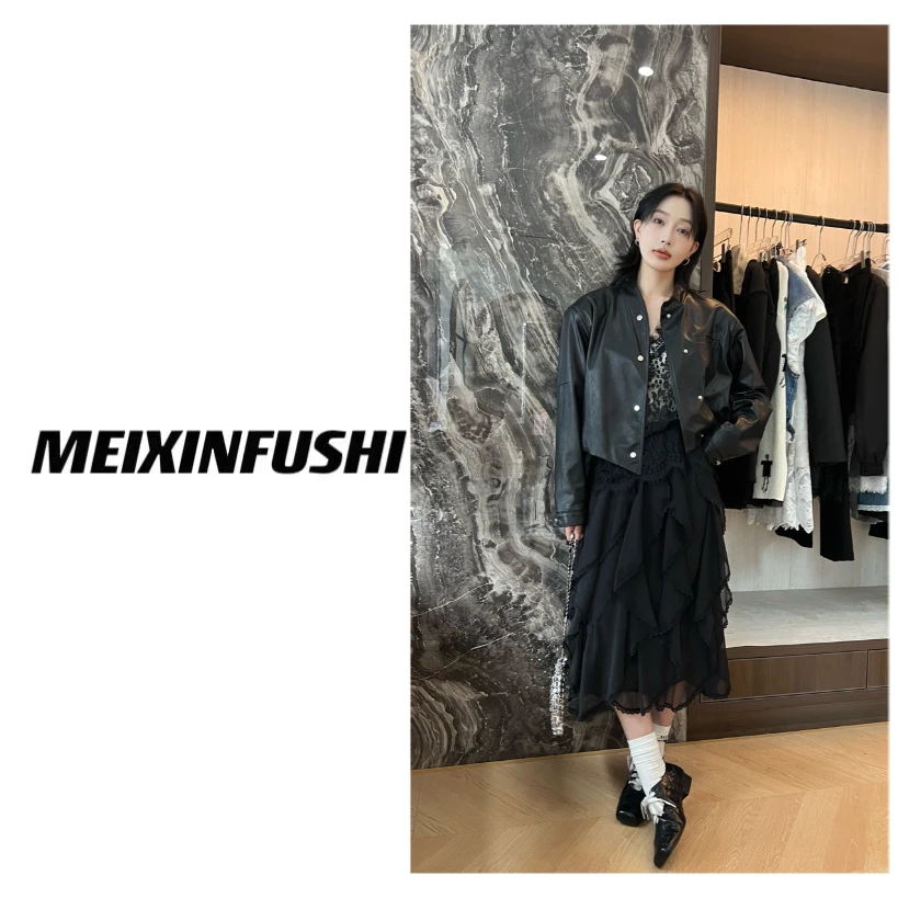 【Mei Xin】按扣不规则设计皮外套/9489/D
