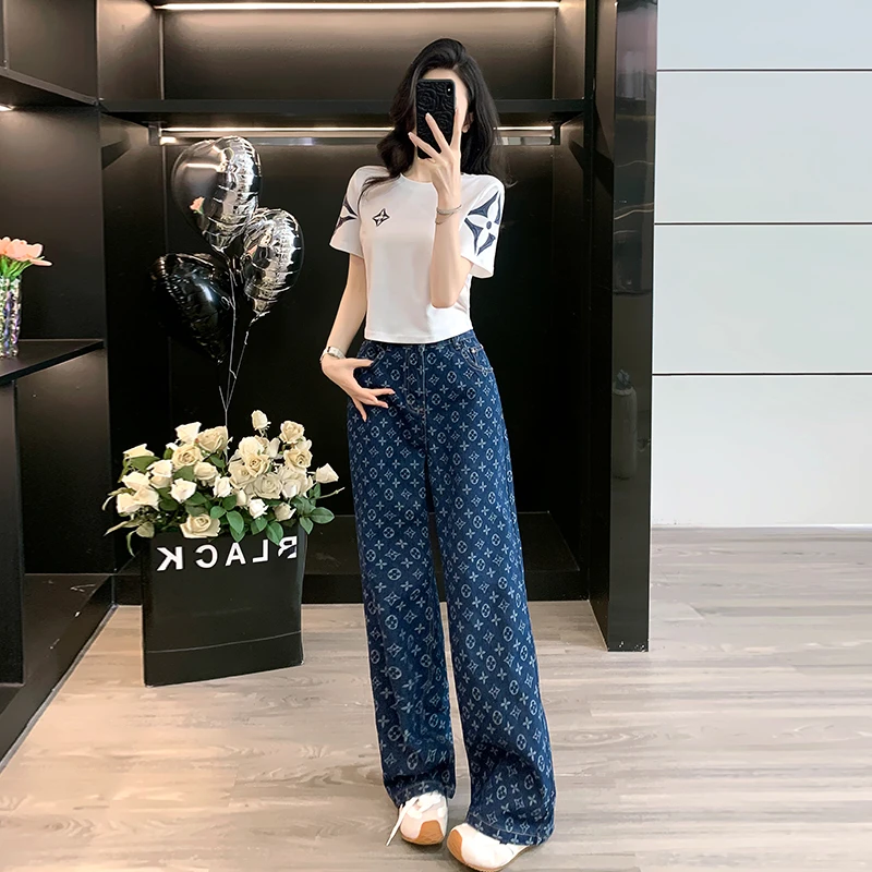 夏季新款正肩短袖T恤白色显白洋气上衣提花牛仔直筒裤窄版阔腿裤