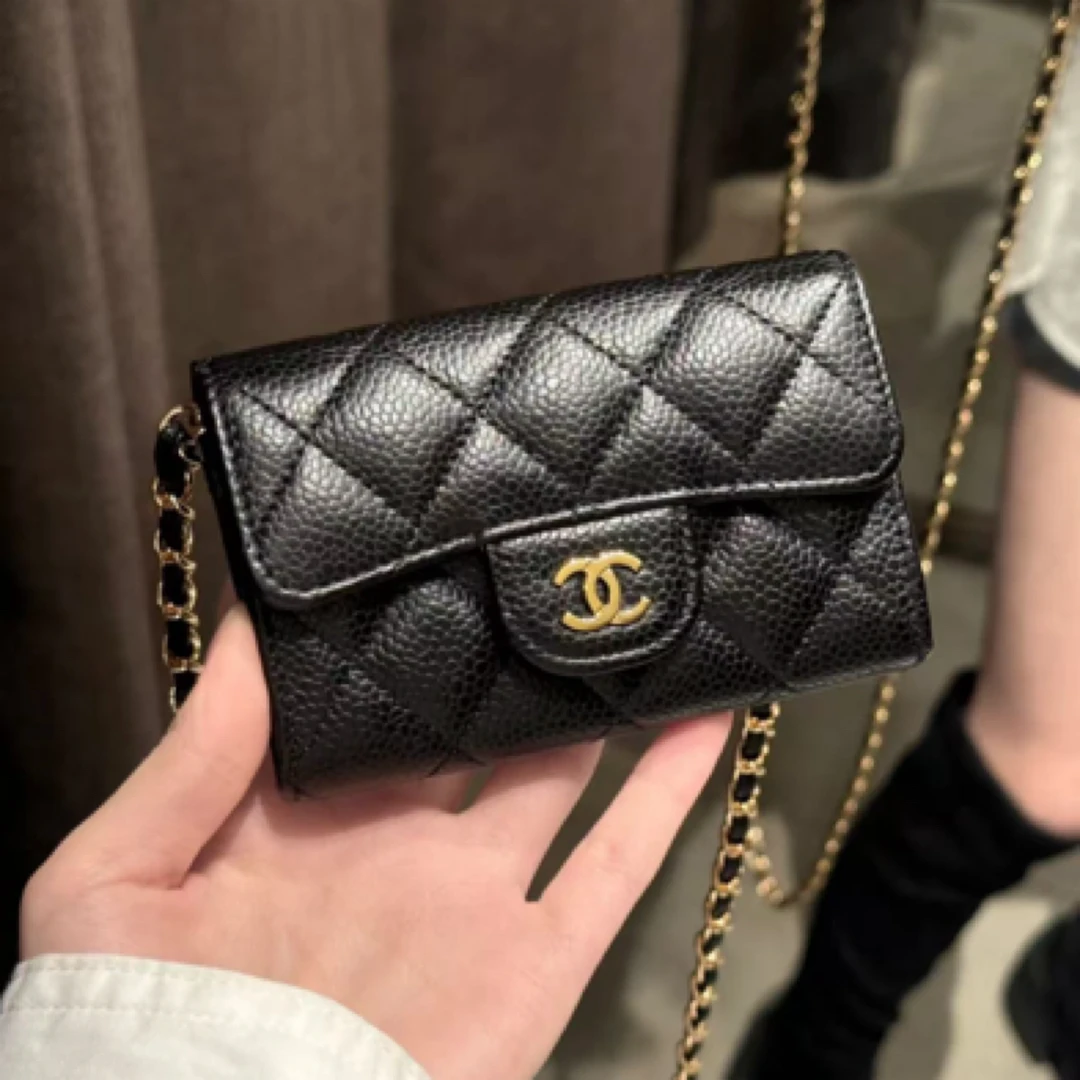95新 Chanel/香奈儿 黑金 荔枝纹香奈儿/钱包/卡包/sk 3004