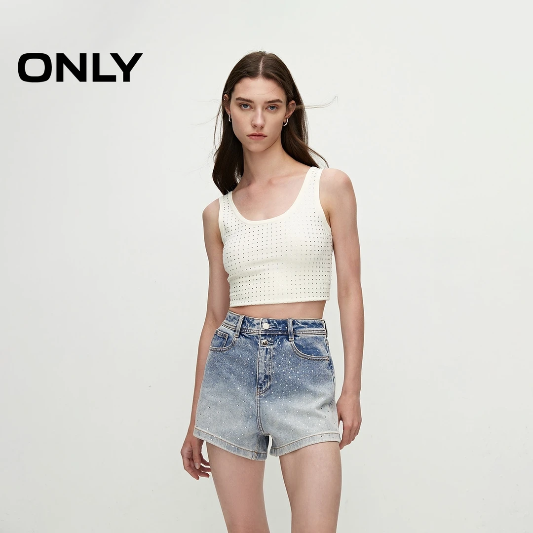 【金拐子专属】ONLY时尚潮流亮钻装饰高腰短裤牛仔裤女|124243033