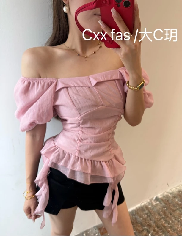 【CXX】9097夏季法式泡泡袖时尚下摆飘带显瘦上衣