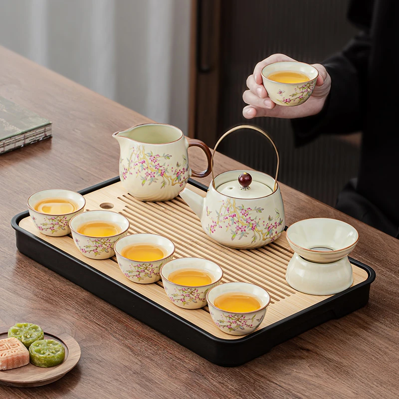 汝窑女士漂亮茶具礼盒送闺蜜高颜值桃花悬停盖碗家用功夫茶具套装