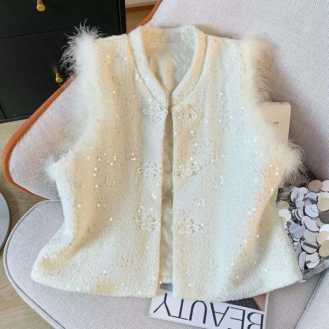 秋冬款复古马夹女显瘦改良唐装小香风马甲拼接亮片无袖外套