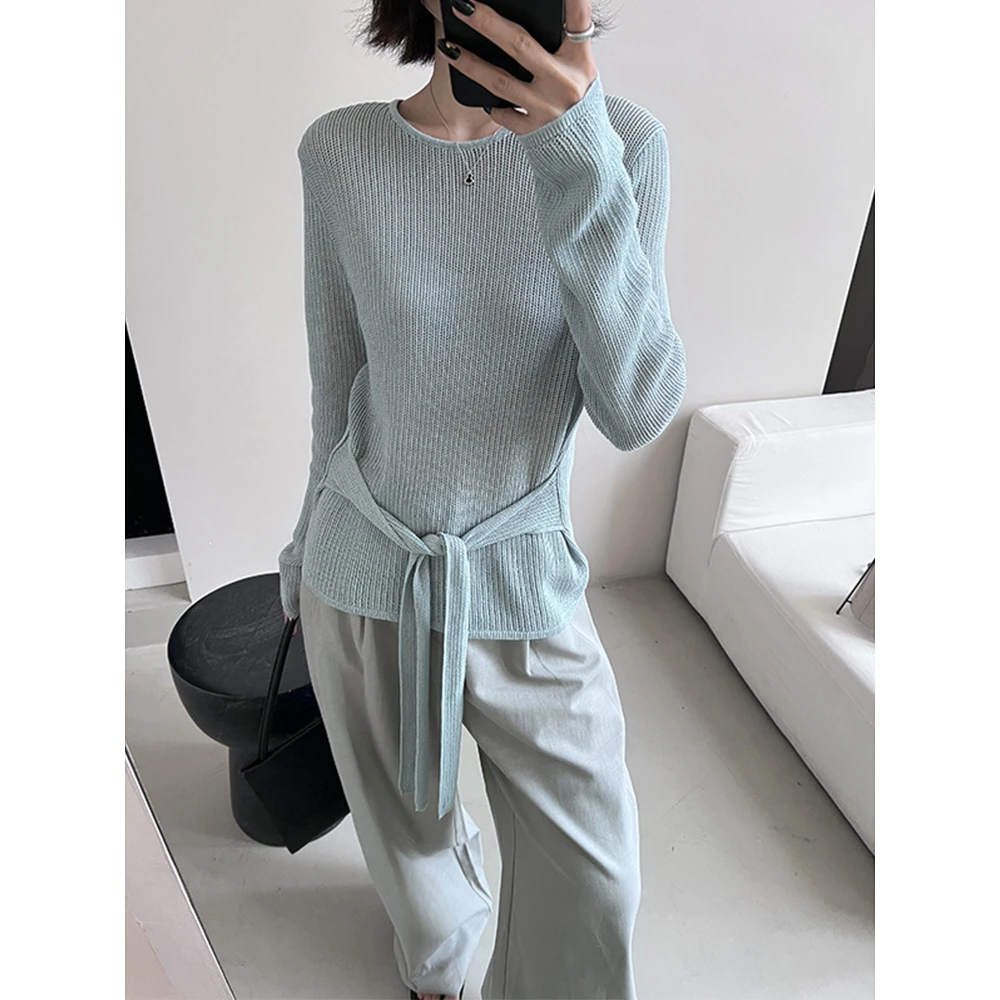 韩版气质长袖针织衫女春夏款设计感绑带收腰显瘦高级百搭套头上衣