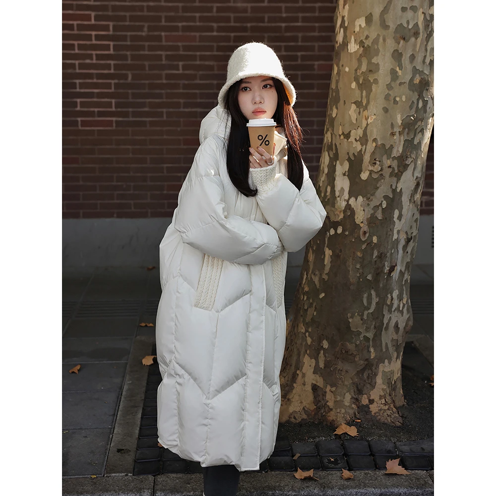 张贝贝ibell过膝百搭连帽羽绒服新款宽松抗寒加厚保暖长款外套女