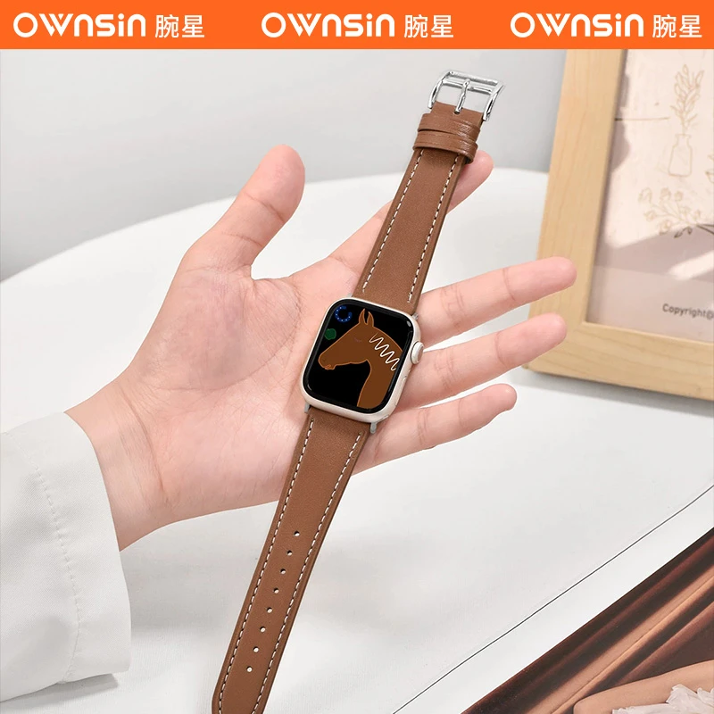 爱马H表带休闲皮革金属卡扣棕皮透气轻奢女士男士通用运动手表s10