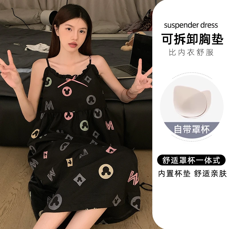 纯欲性感云朵甜美吊带连衣裙无袖睡裙薄款夏季中长裙卡通米奇图案