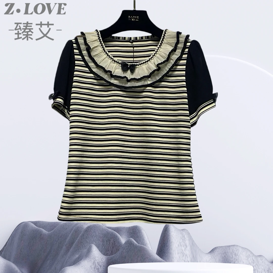 【双叶花契杏条纹】夏装常规百搭女圆领短袖条纹女士烫钻拼接T恤