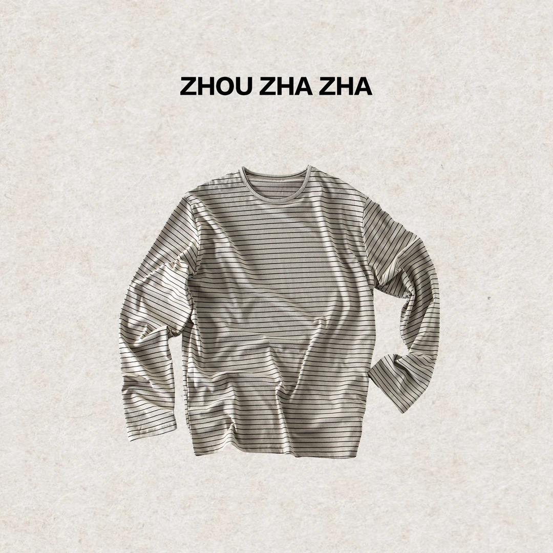 【周炸炸】日系条纹长袖T恤圆领松弛感宽松百搭上衣#250238