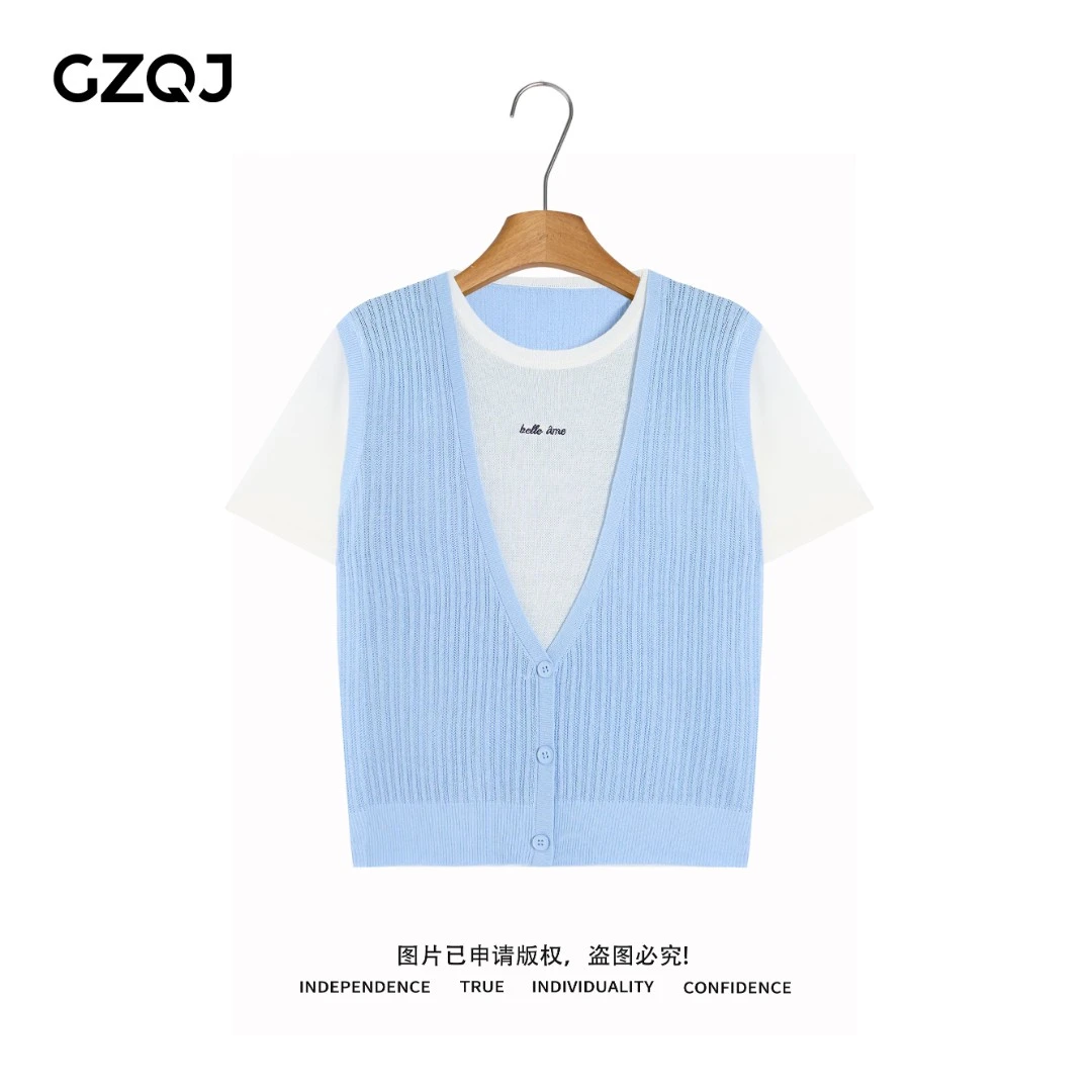 老琴私服 【简时叠境】欧若风百搭拼色马甲假两件针织衫女夏款 3210