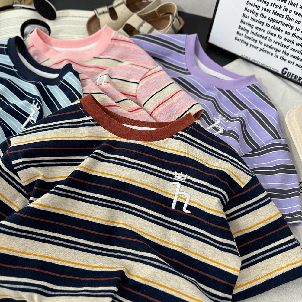 【纯棉】夏季新款男女儿童休闲刺绣条纹短袖t恤半袖宽松中大童棉