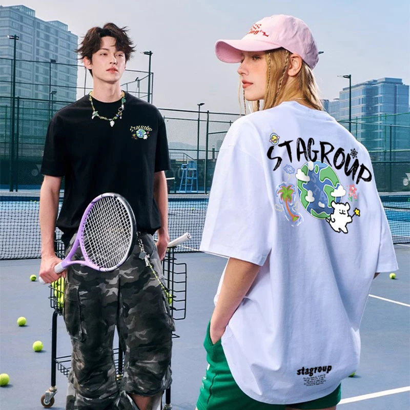 美式街头潮牌嘻哈行星小狗短袖男生潮流重磅纯棉夏季情侣t恤衫