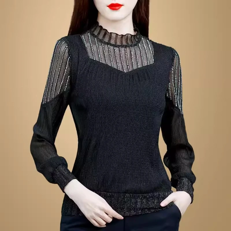 5040秋冬网纱长袖上衣洋气时尚加绒拼接显瘦气质打底衫