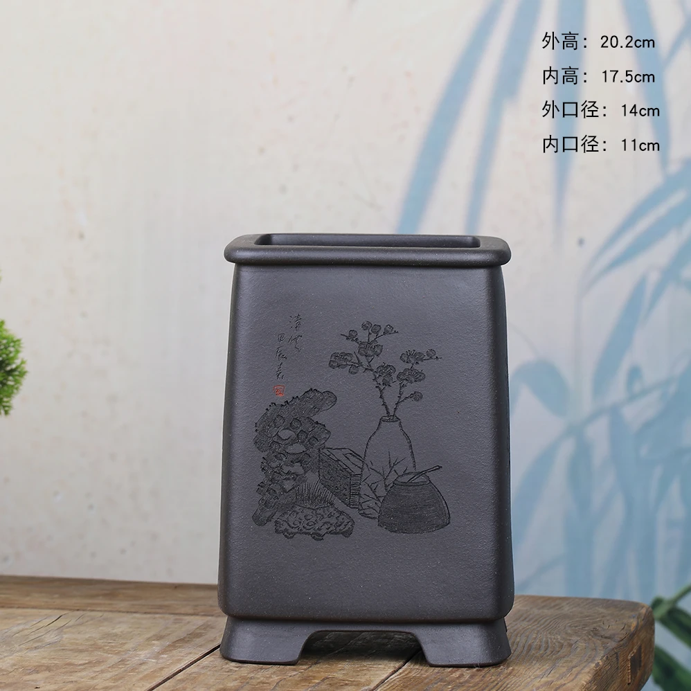 李超高温紫砂花盆青灰泥四方兰花盆带手工刻绘室内桌面绿植造景盆