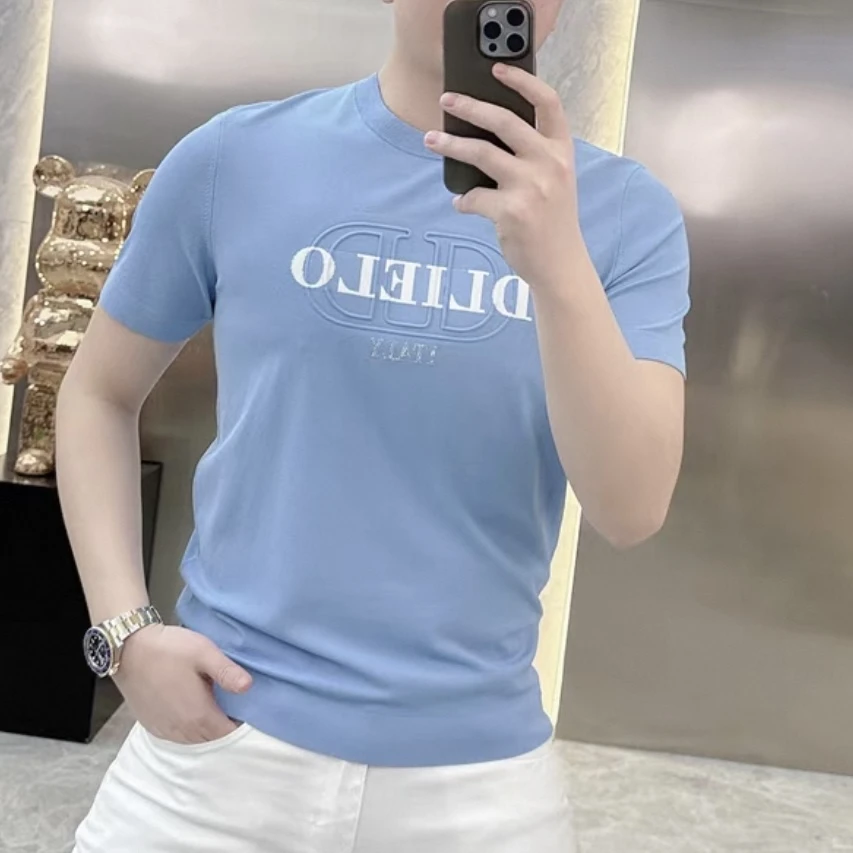 2025夏季新款潮牌冰丝针织短袖T恤男高端修身百搭时尚字母半袖潮t