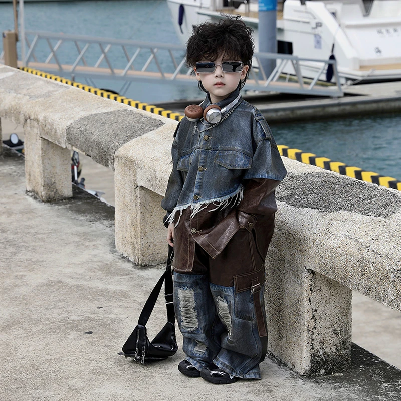 【现货】Jimmy妈童装 痞帅港风春季儿童设计感牛仔拼皮破洞脏脏套装