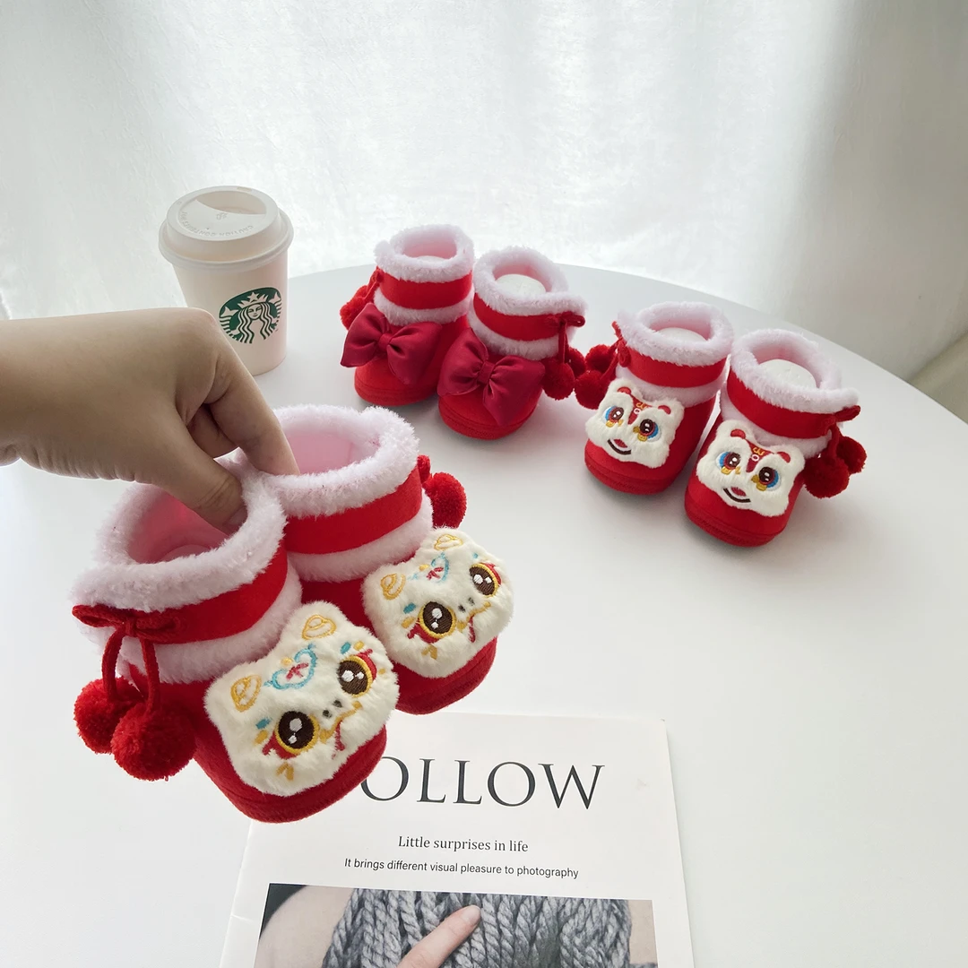红色婴儿鞋子秋冬款0-6-12个月男女童小月龄婴幼儿宝宝鞋毛绒棉鞋