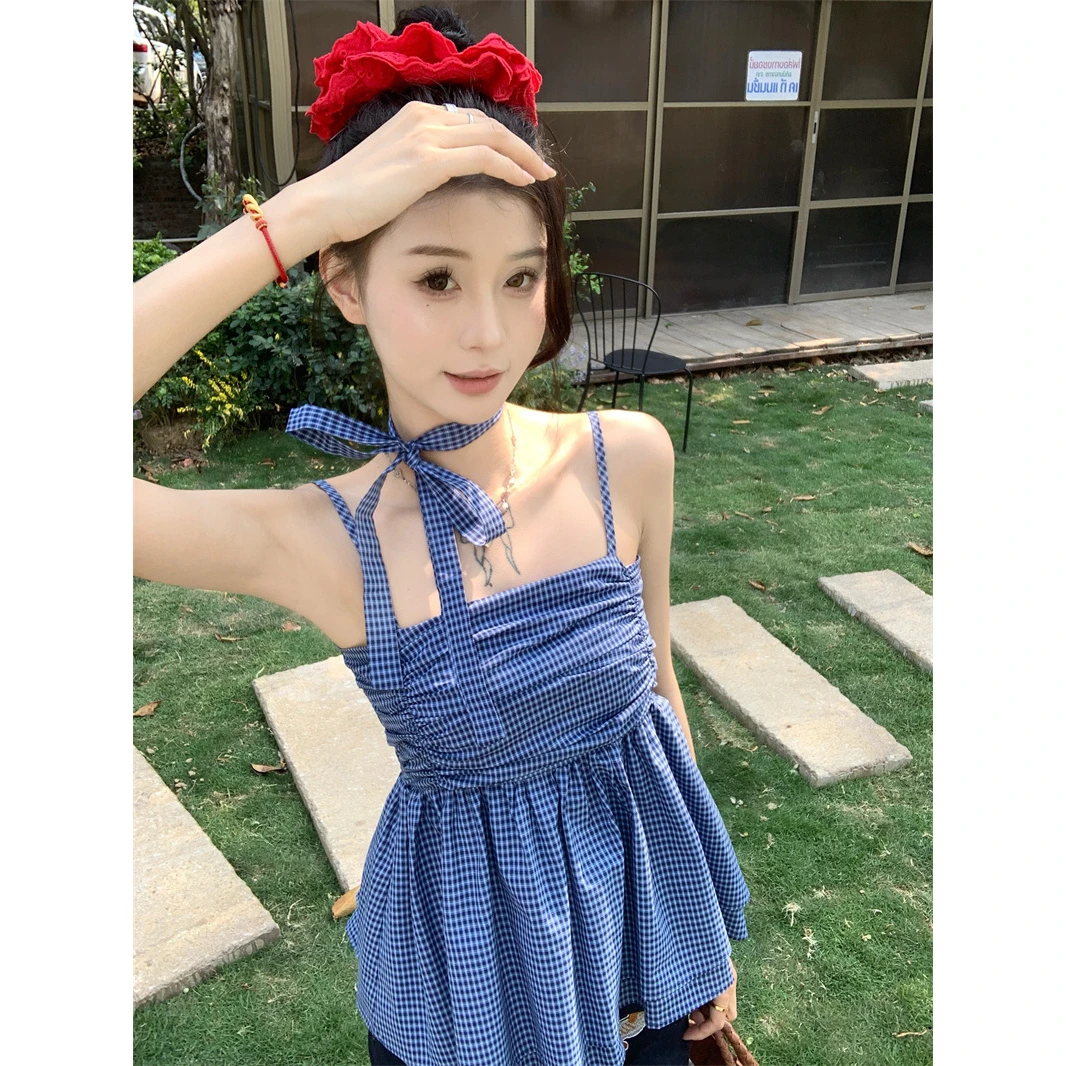 甜辣妹蓝色格子飘带挂脖吊带背心女夏外穿设计感褶皱抹胸打底上衣