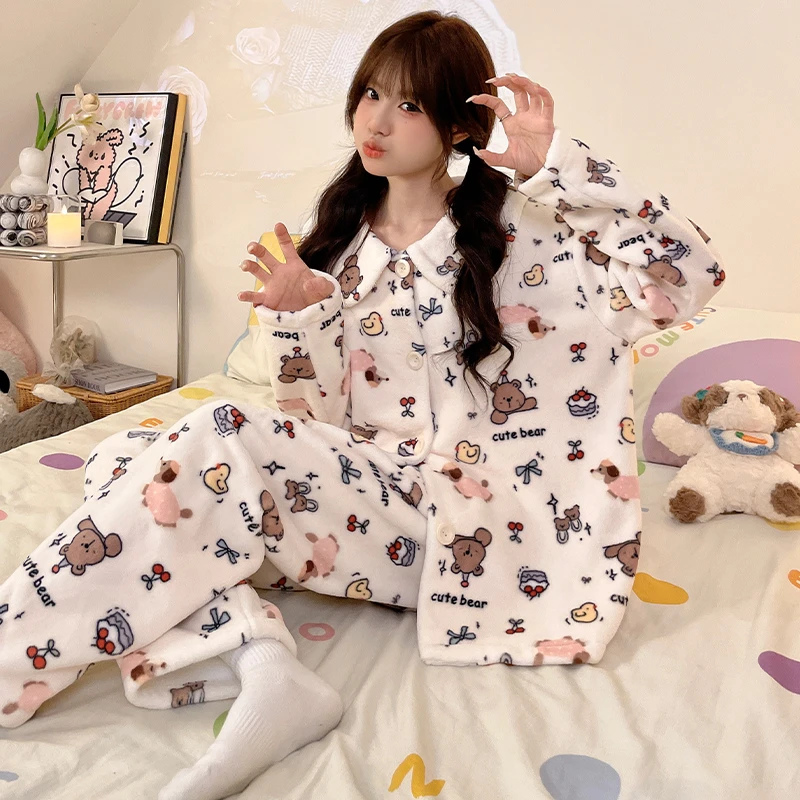 慕斯暖绒睡衣女秋冬季2025年加厚保暖卡通可爱小熊家居服套装外穿