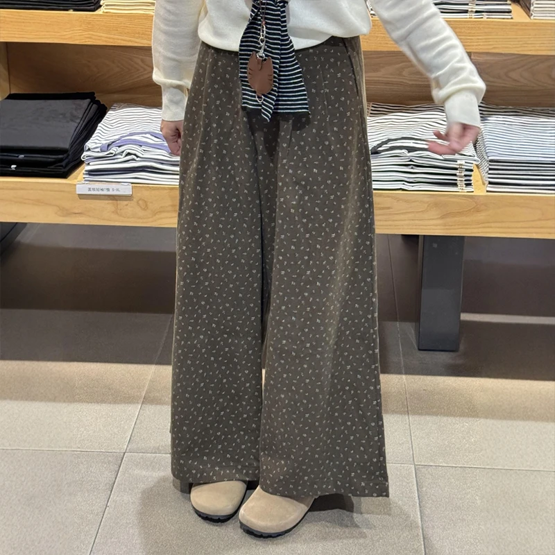 复古棕色碎花阔腿裤宽松慵懒风大码胖mm显瘦梧桐裤秋装女款休闲裤