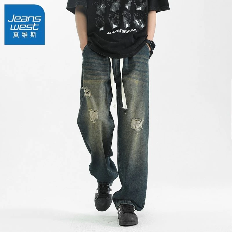 真维斯2025新款水洗破洞男款户外复古牛仔裤嘻哈高街阔腿裤印花