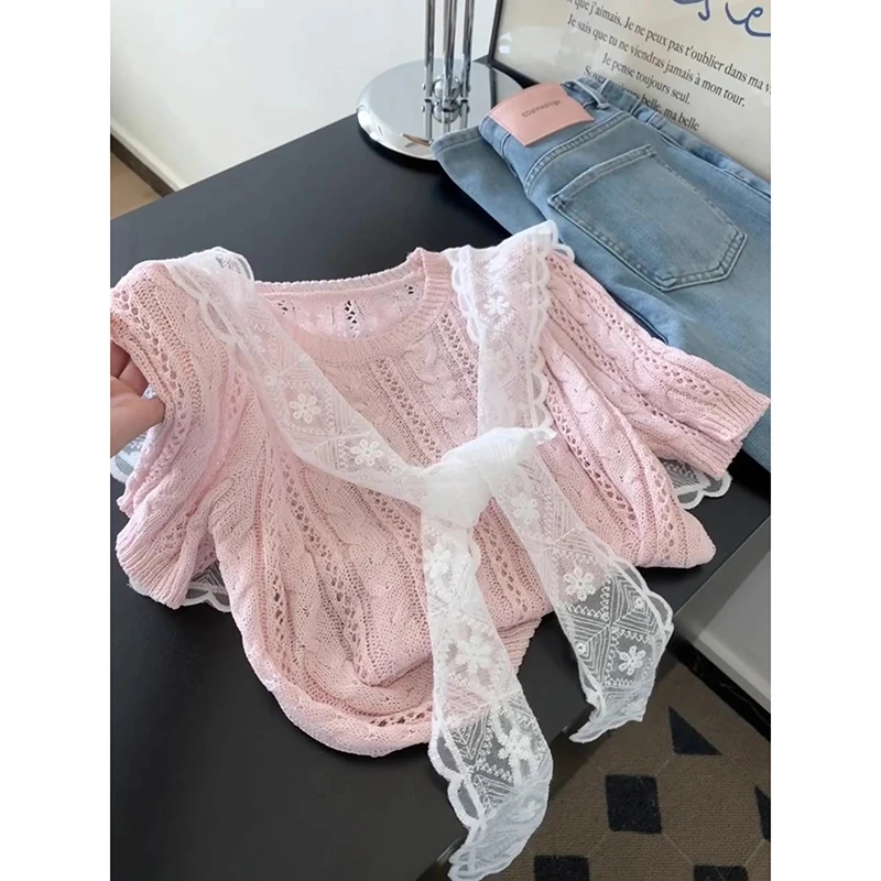 法式蕾丝披肩短袖针织衫女春夏新款季设计感小众气质宽松显瘦上衣