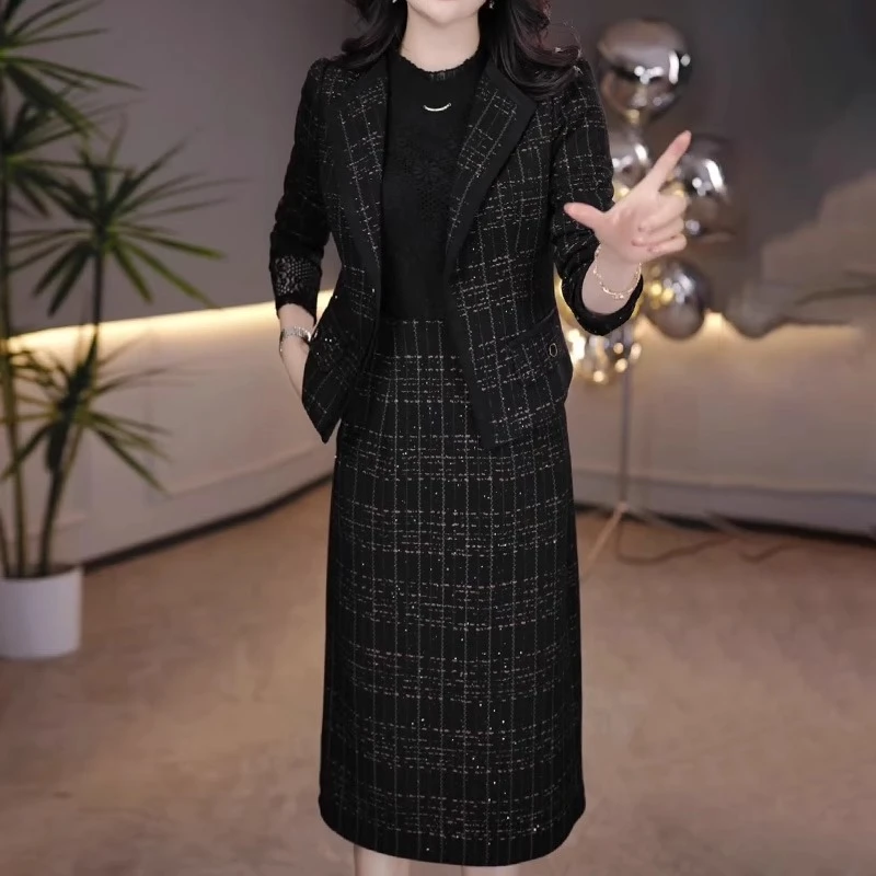 时尚格纹两件套连衣裙女2025春秋新款妈妈气质百搭小香风套装裙子