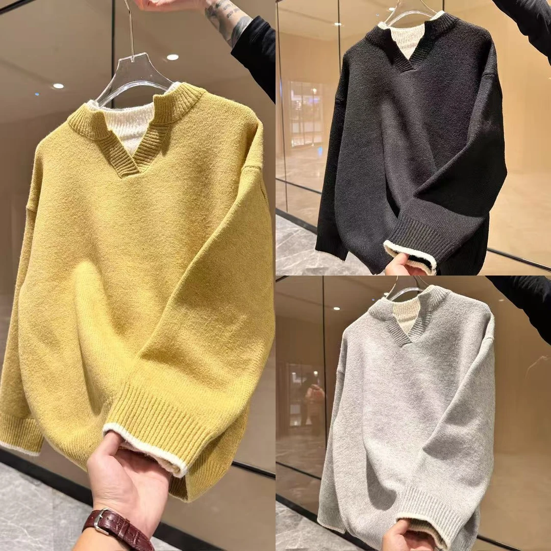 简约时尚休闲百搭拼接假两件双层领口冬季保暖落肩男士针织衫毛衣