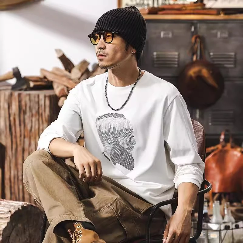 @放牧火星 美式复古重磅T恤男长袖春季2025新款潮牌圆领印花宽松