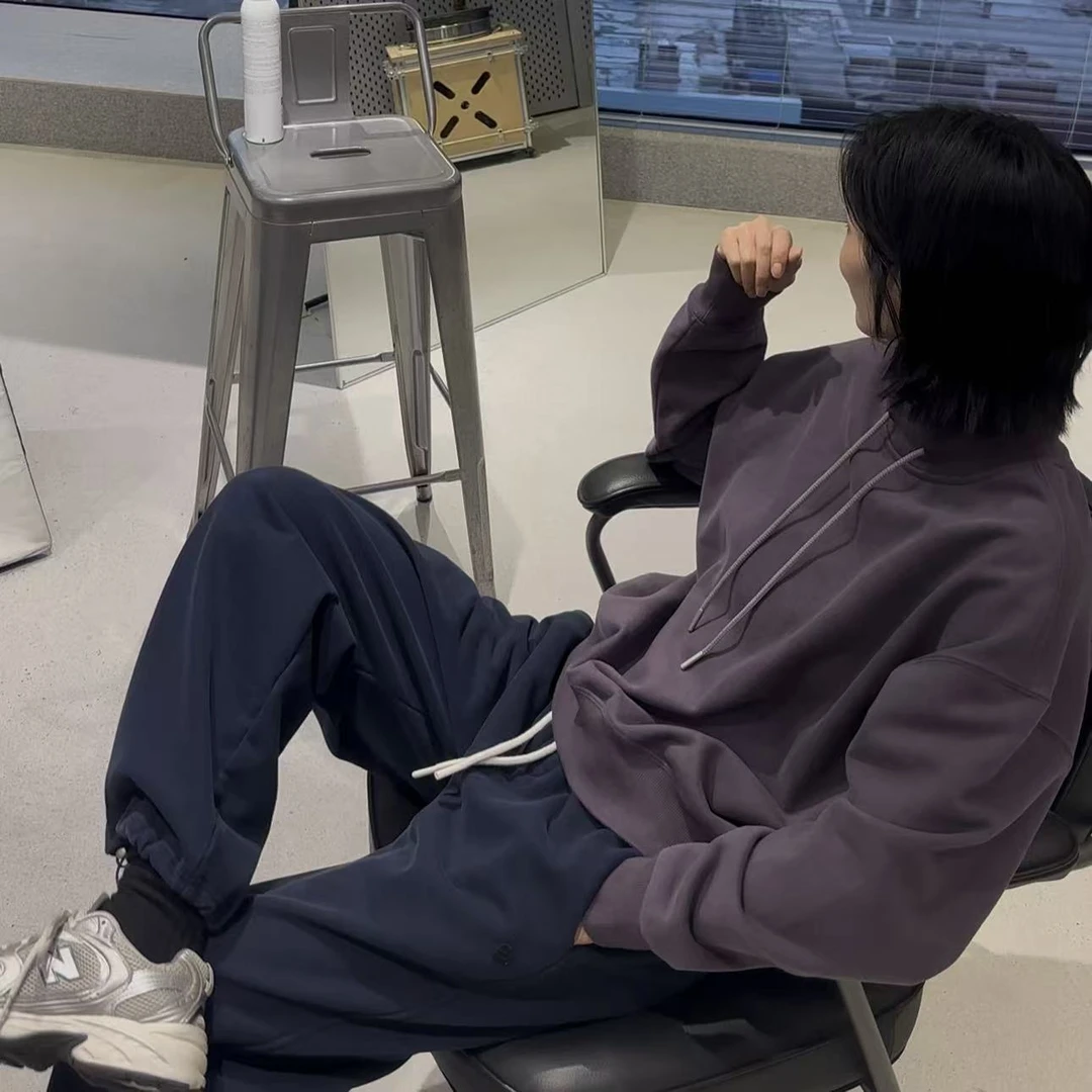 琴仔 葡萄紫宽螺纹立领设计感加绒加厚宽松版抽绳卫衣 Z1271