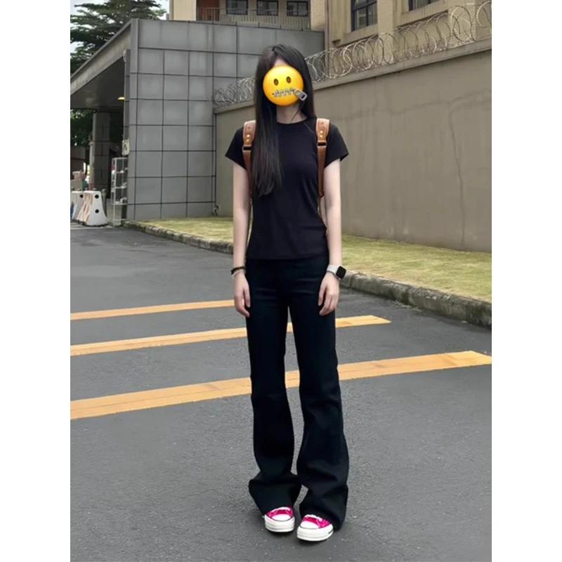 黑色弯刀牛仔裤男款秋冬季美式高街显腿长情侣裤子窄版微喇直筒裤