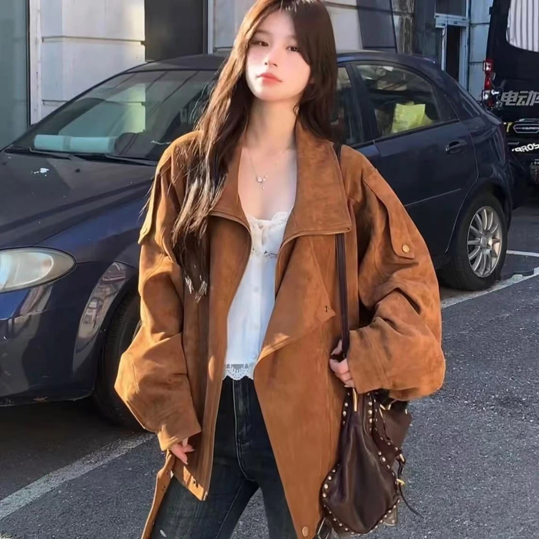 新款麂皮绒机车美拉德夹克外套女秋冬复古休闲宽松慵懒翻领廓形感