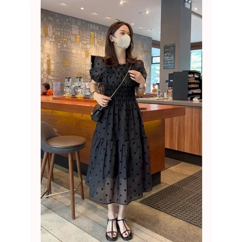 2025夏季大码女装胖mm遮肚显瘦连衣裙微胖妹妹高级感波点显瘦长裙