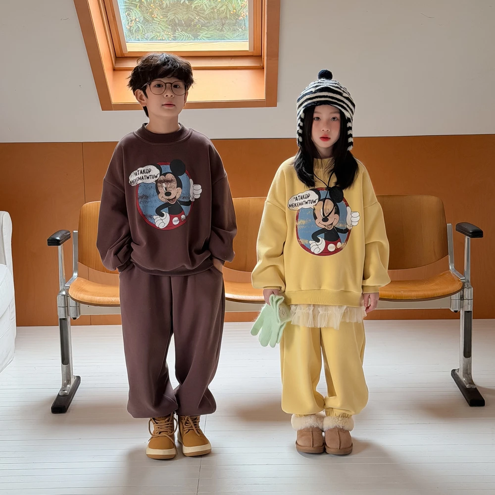 冬季新款男童女童韩版运动卡通套装儿童加绒加厚两件套