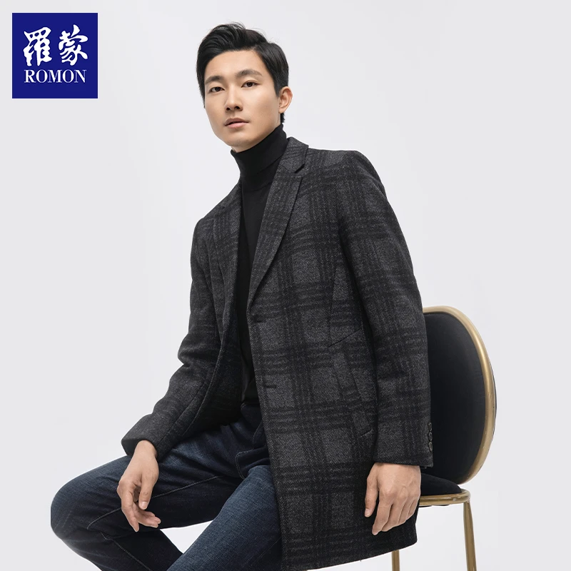 罗蒙男装商务休闲中长款绵羊毛混纺大衣MNS11665