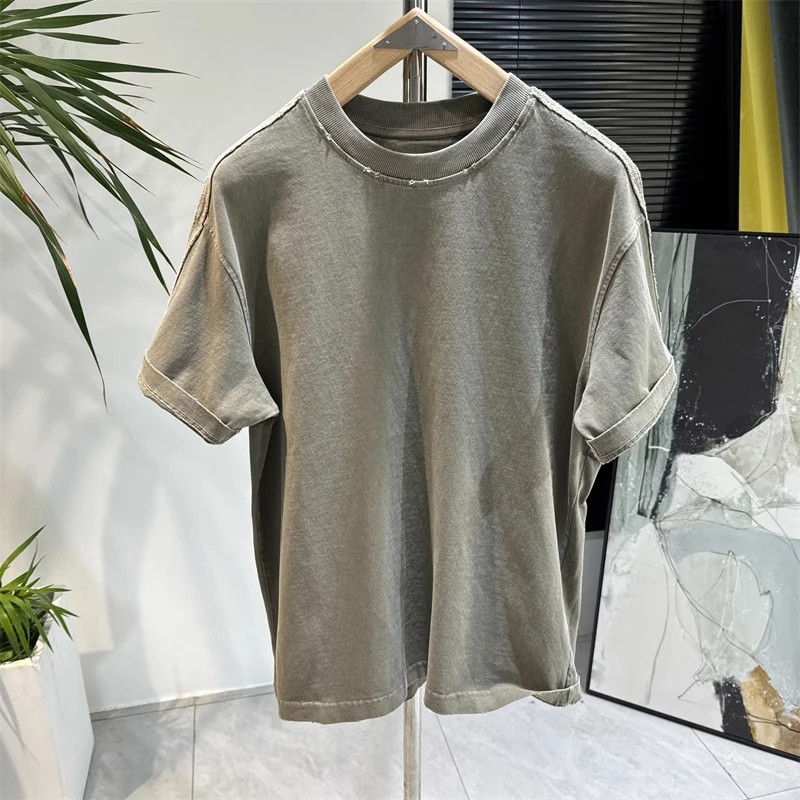 优桓潮牌纯色拼接短袖t恤男士简约百搭落肩袖高克重宽松水洗休闲