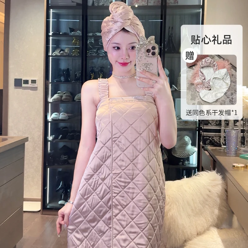 DIMDEVL/汀黛缎面格纹踩线粉色白色肩带款吊带浴裙浴巾吸水速干