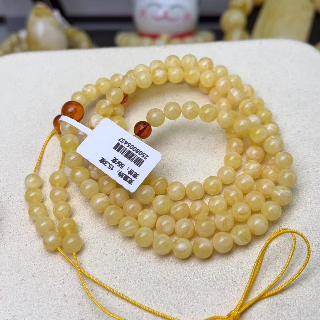 蜜蜡颈饰未镶嵌6圆珠108浓白花蜡虎皮纹妖花