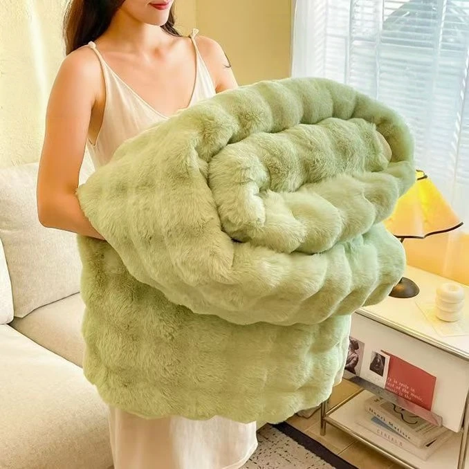 双人绿色大兔毛绒通用毛毯欧式简约纯色双面ins风