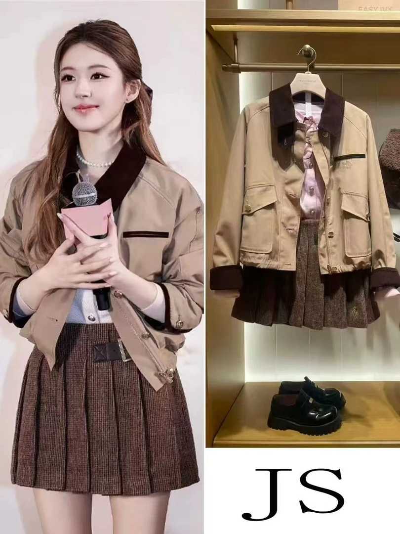 【北海道季风】秋新款气质工装翻领长袖夹克外套+短裙两件套1519