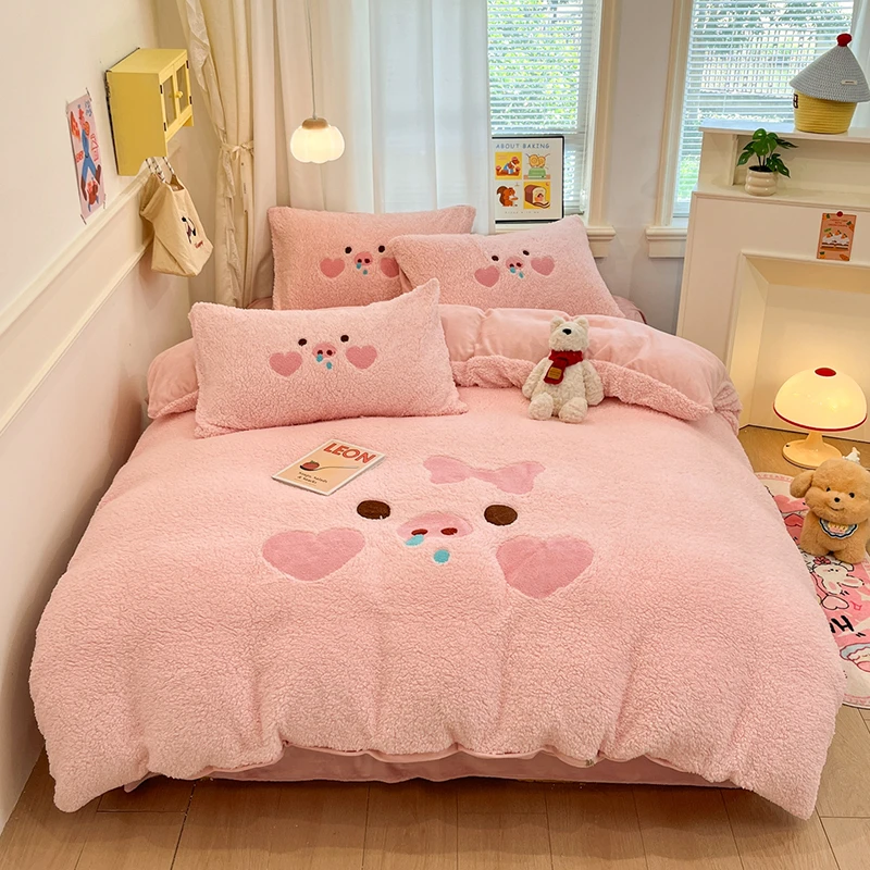 冬季床品套件卡通加厚羊羔绒床品四件套毛巾绣被罩床上用品床单