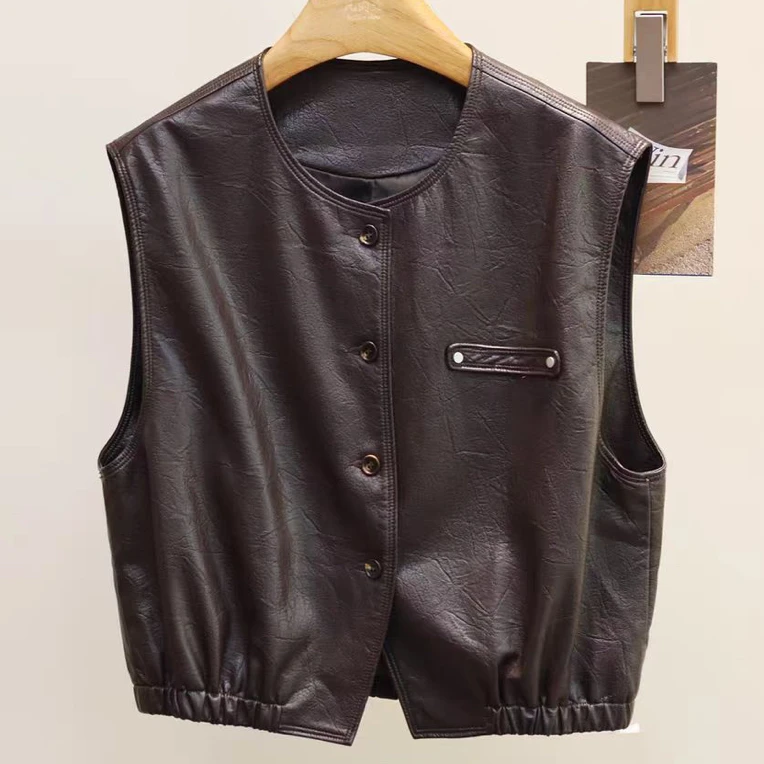 《霞姐服饰》秋季新款圆领皮衣马甲百搭时尚韩版时尚货号：2228