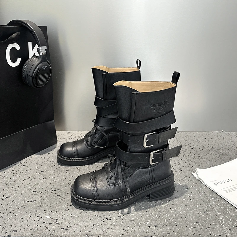 Zion 四季款丨时装靴拼色休闲单靴系扣女鞋三条带窄头马丁靴