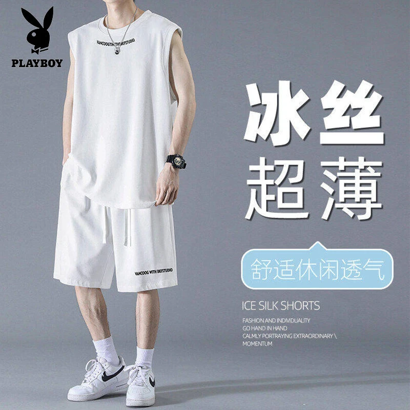 花花公子冰丝运动套装男2025夏季新款凉感短裤休闲健身搭配一整套